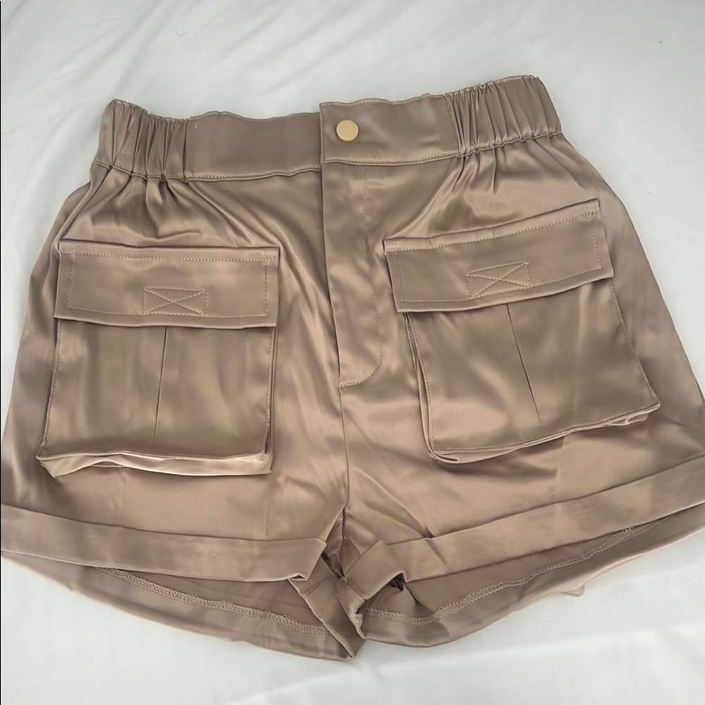 Sleek Satin Cargo Shorts in Tan
